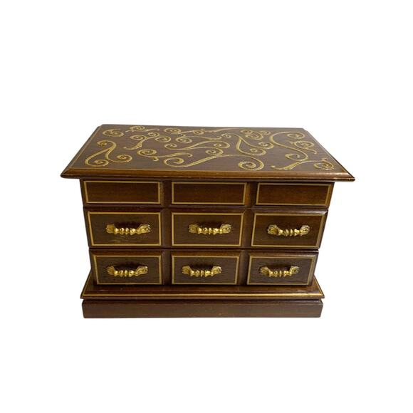 Vintage Refreshed Wood Goldtone Musical Jewelry Box Mirror - Picture 3 of 10